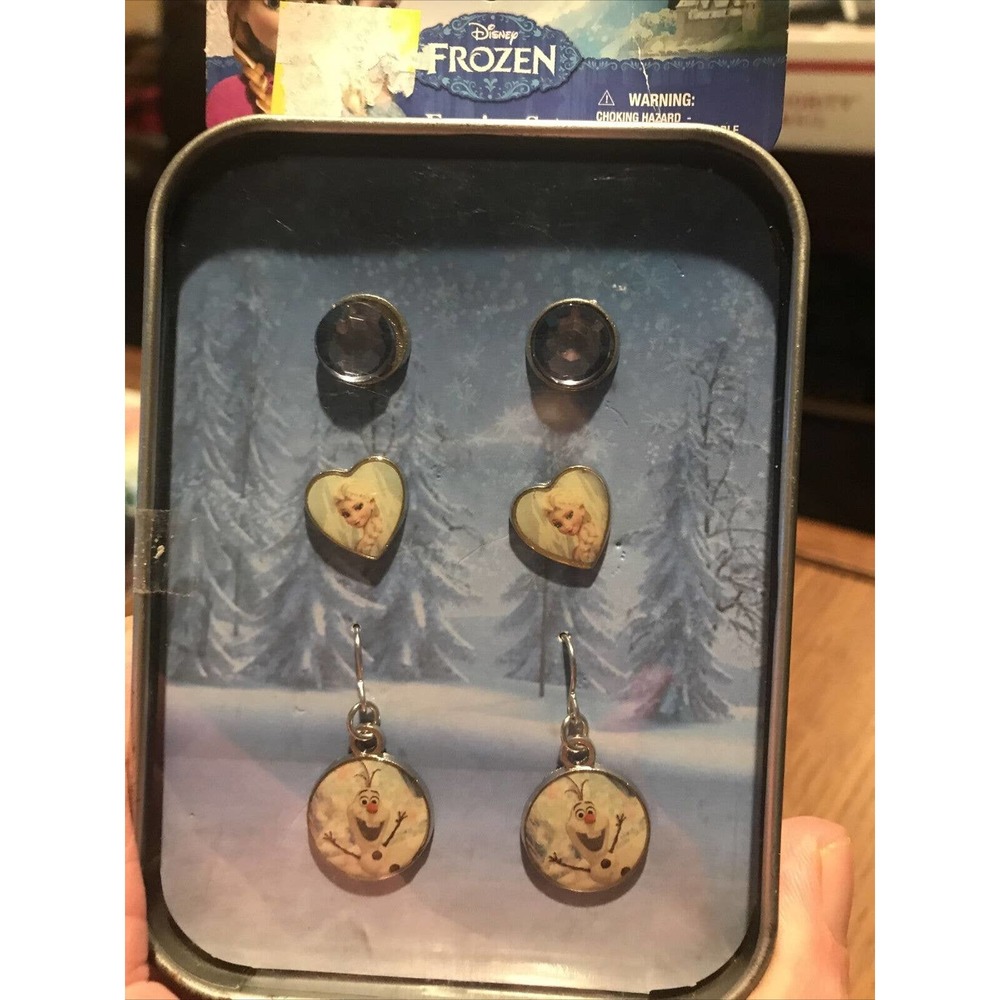 DISNEY FROZEN 3 PAIR EARRING SET IN GIFT TIN Olaf And Elsa NIB